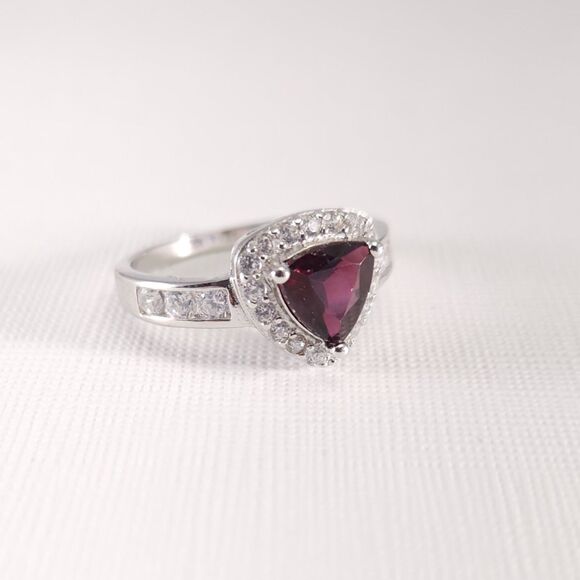 Garnet Trillion Ring with CZ SIZE 7-1/2 - Picture 2 of 11